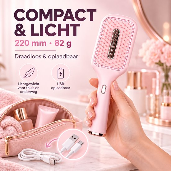 Compacte, oplaadbare roze haarborstel van 220 mm en 82 g met USB-kabel.