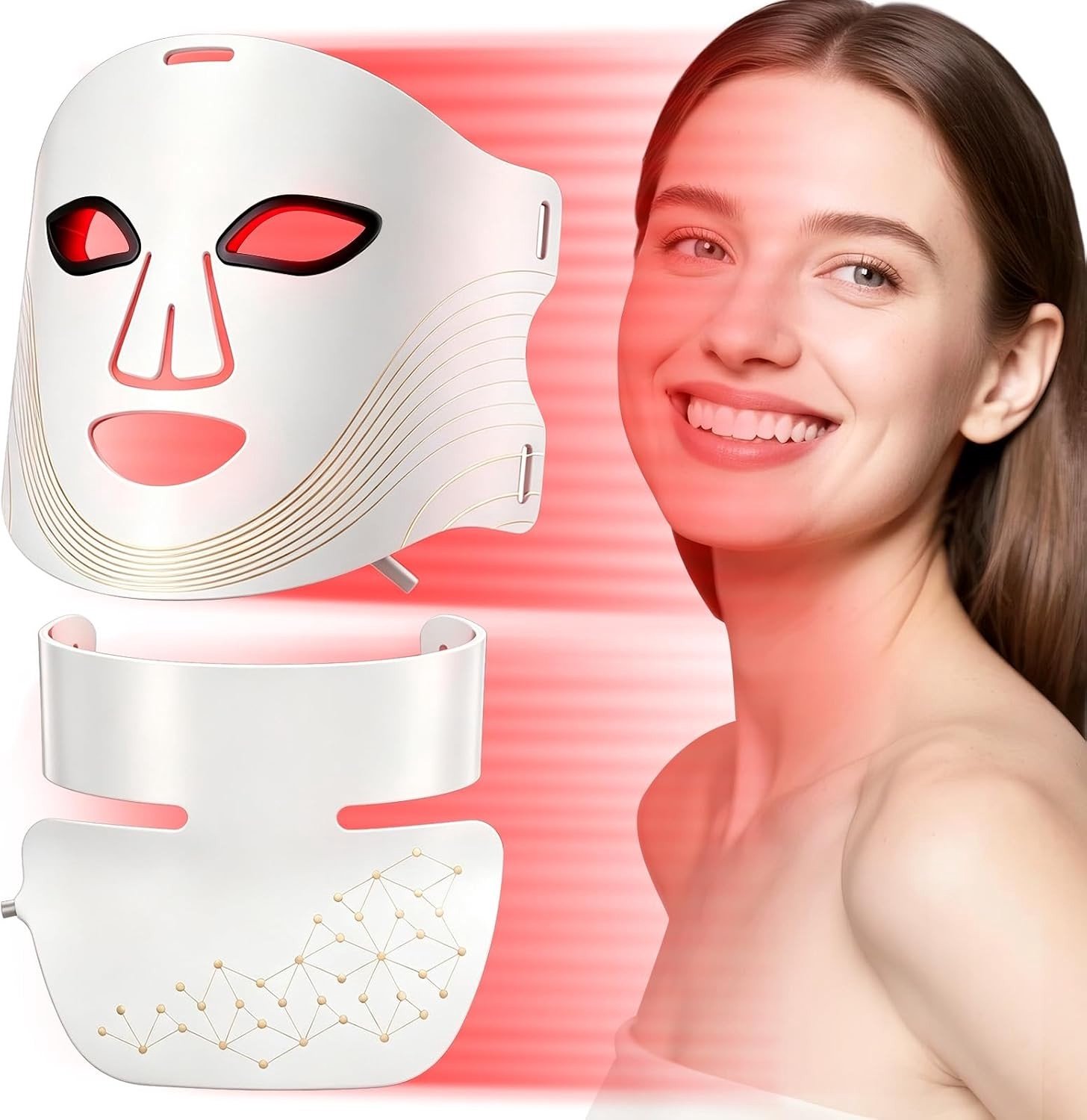 Led-Masker voor Gezicht en Hals - Rood - Met Infraroodlichtfunctie - Anti-Aging en Acne Behandeling - Voor Thuisgebruik