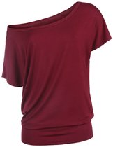 Bordeauxrood T-shirt met wijde hals, off-shoulder model en korte mouwen.