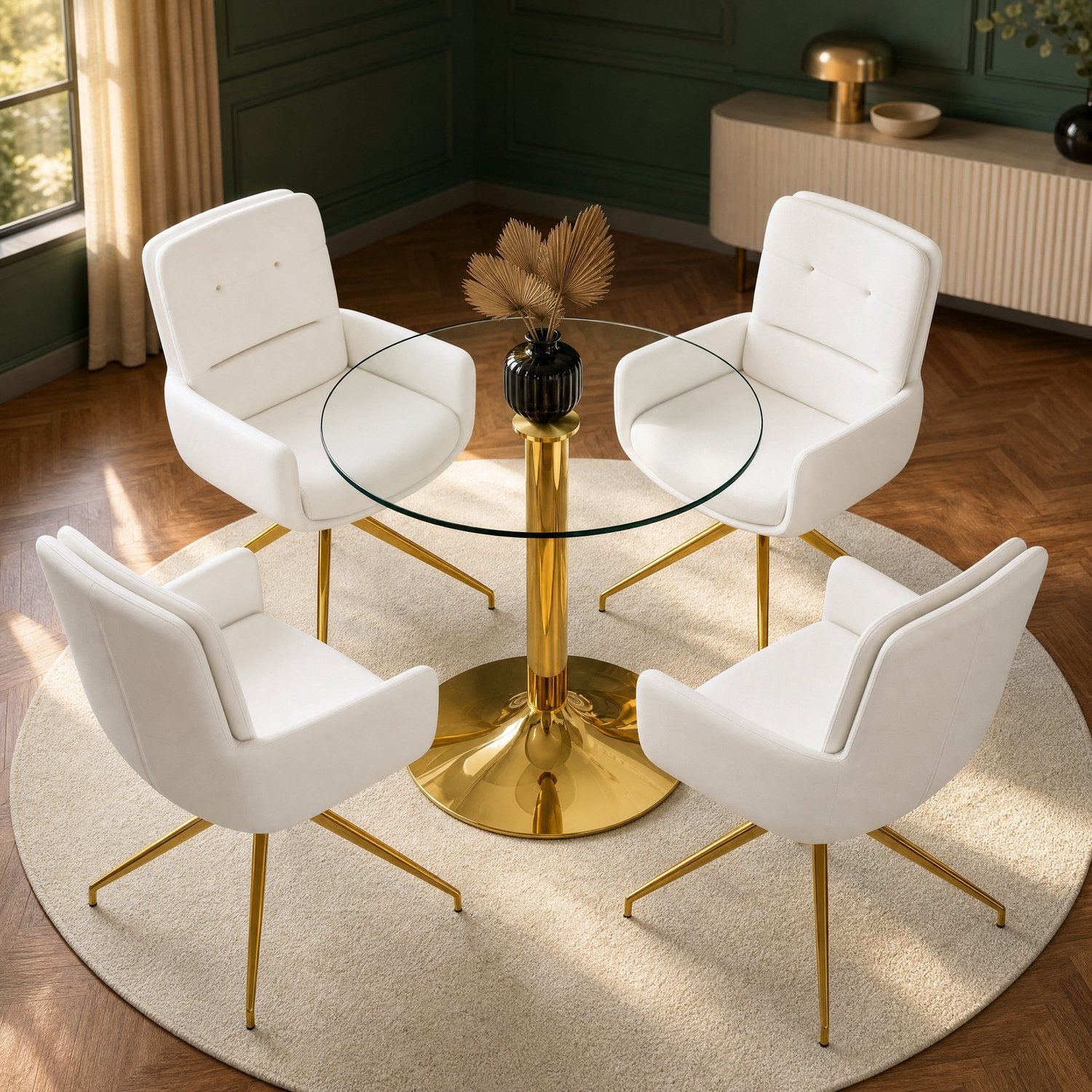 WUVRIE - Ronde eettafelset Ø 85 cm - 4 draaibare stoelen met armleuningen - Transparant, wit/goud