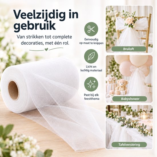 Rol witte tule met voorbeelden van gebruik bij bruiloften, babyshowers en tafeldecoratie.