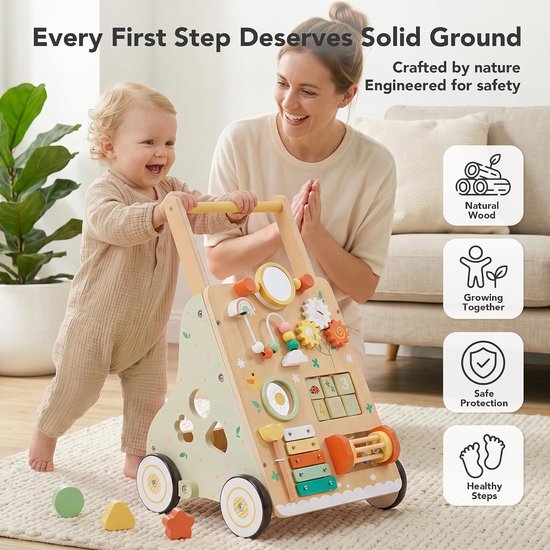 Houten loopwagen – Montessori houten loopspeelgoed – Multifunctioneel 9-in-1 activiteitenbord – Instelbare snelheid en hoogte – Geschikt voor baby's vanaf 1 jaar – Groen — afbeelding 2