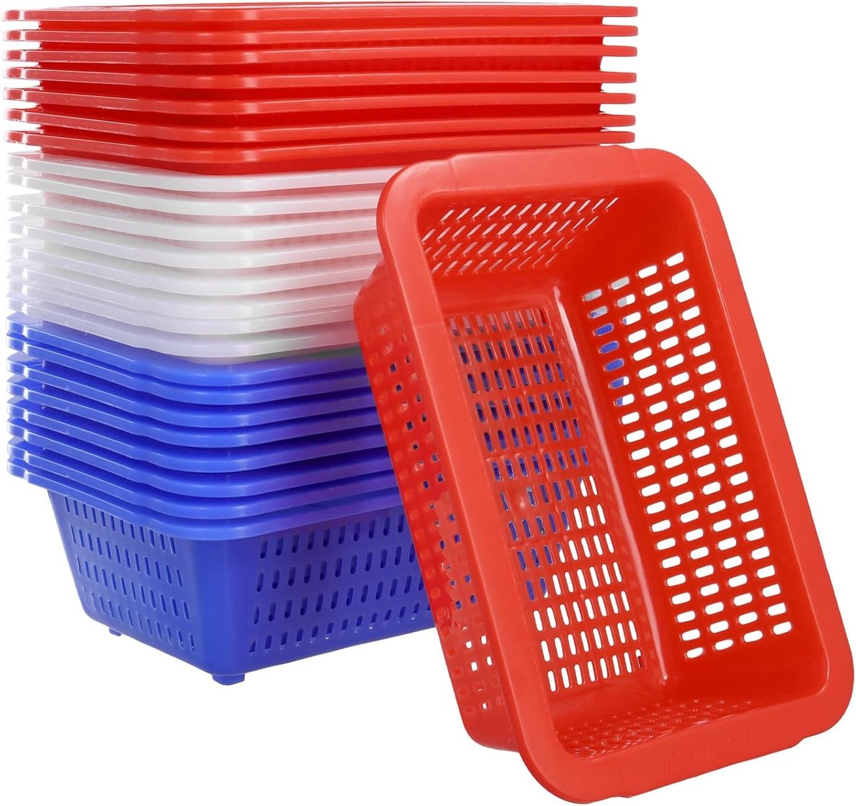 Set van 24 Kleurige Plastic Opbergmanden - Kleine Mandjes voor Organisatie en Opslag in Blauw, Rood en Wit - Ideaal voor Thuis en Kantoor 23x16x7cm
