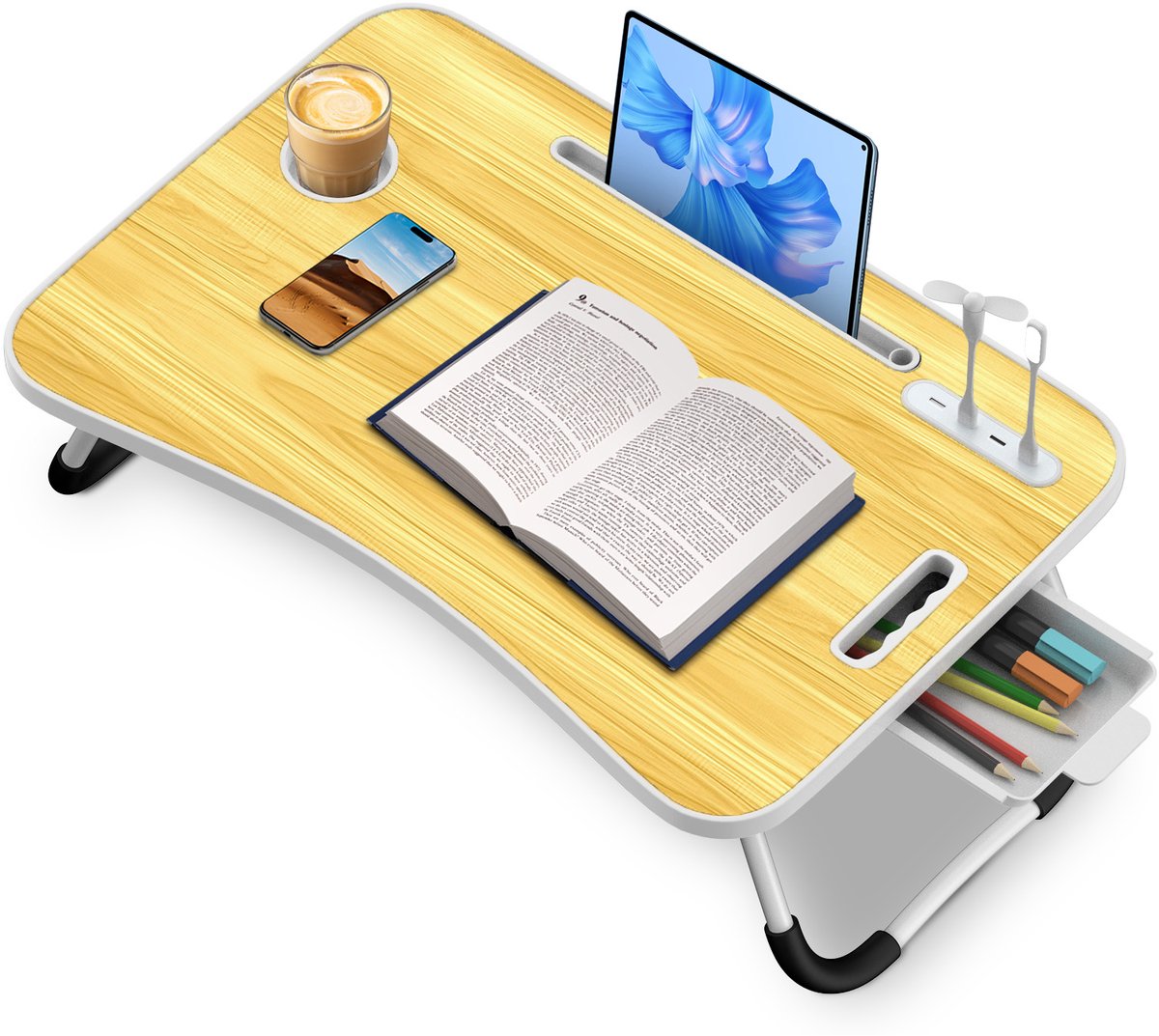 Arvioo‑Opvouwbare‑bedtafel‑met‑ventilator‑lamp‑bekerhouder‑lade‑walnootkleur