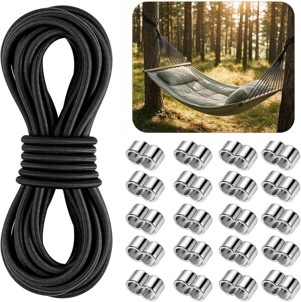 Robuuste 6 mm Rubber Touw van 10 m met 20 Verstelbare Klemmen voor Vervoer, Kamperen en Zeilen