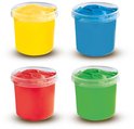 Vier potjes vingerverf in geel, blauw, rood en groen.