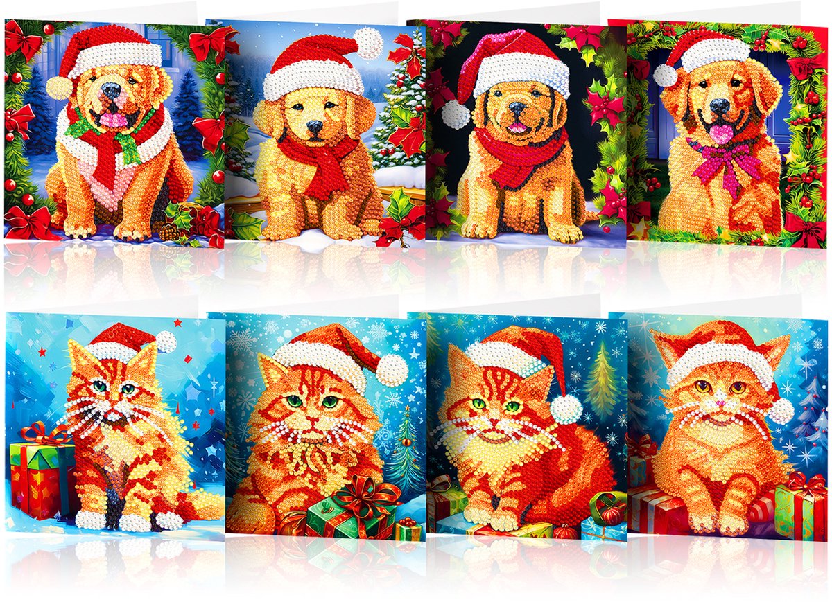 Nolad - Diamond painting kaarten - Set 8 stuks Inc Enveloppen - Diamond painting volwassenen & kinderen - Hond/Kat