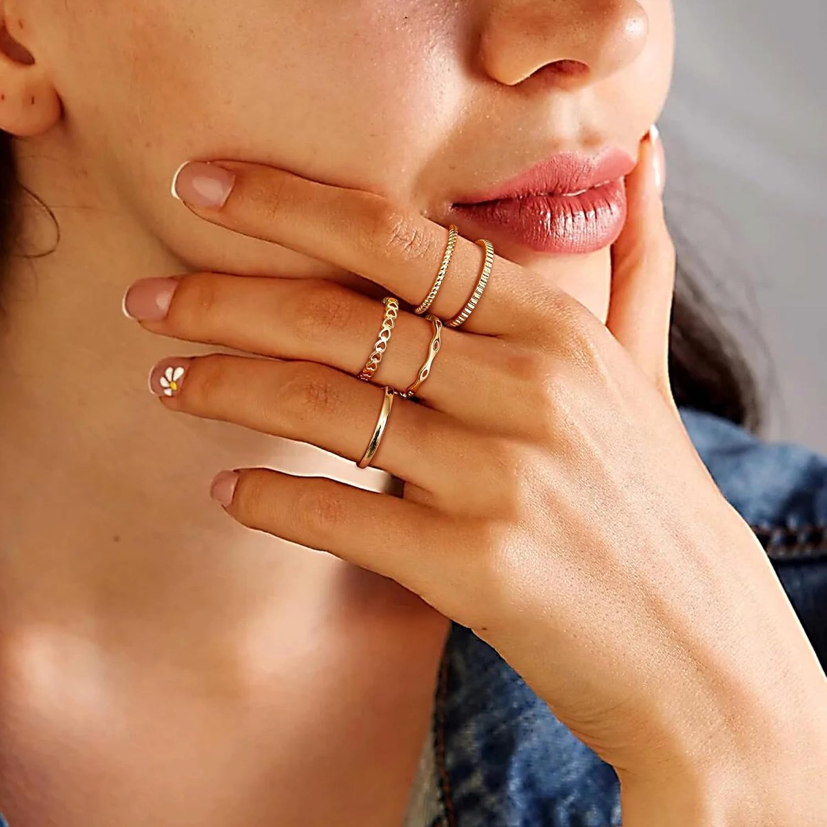ADRAMATA 5Pcs Thumb Rings for Women Girls Knuckle Rings Adjustable 14K Gold Plated Stackable Band Rings Gold Silver - ShopVlot