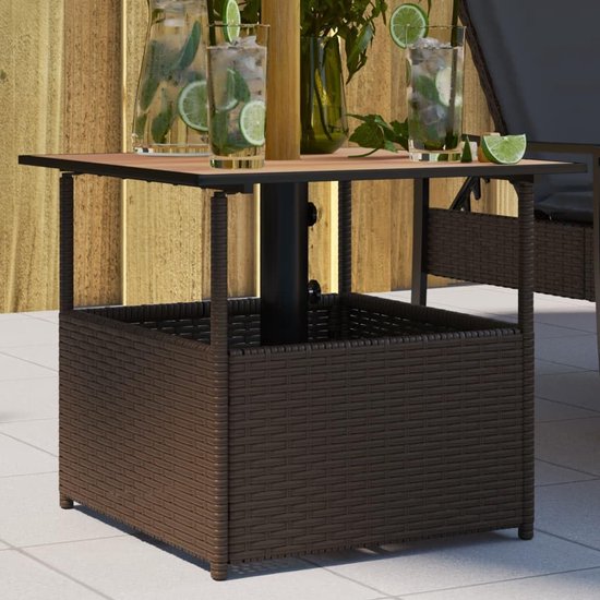 Terras met parasolgat, bruine tuintafel 55 x 55 x 46,5 cm van PE-rotan en acaciahout, stabiel gepoedercoat stalen frame voor buiten — afbeelding 2