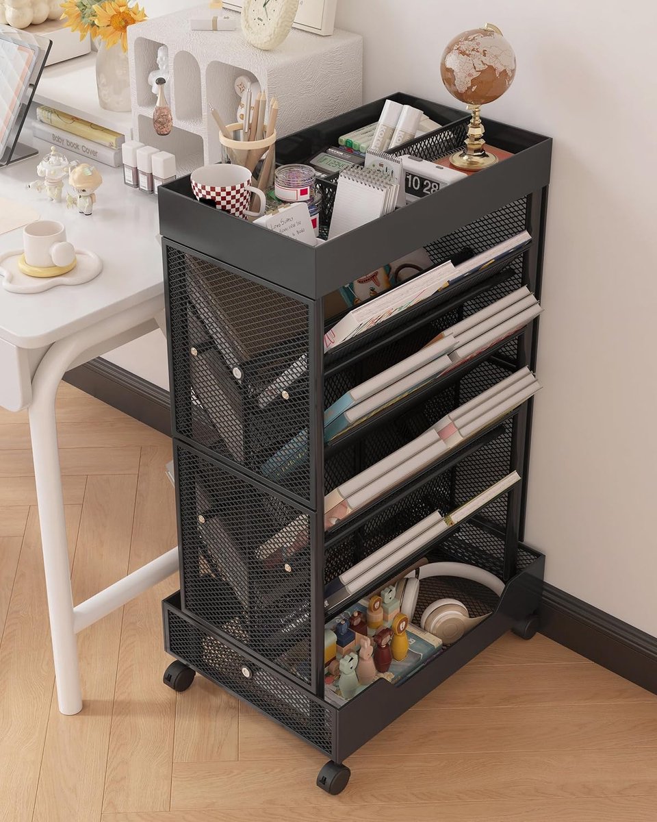 Boekenwagen, Smal Mobiel Boekenrek met Wieltjes | 6 Laags Opbergwagen voor Kantoor, Woonkamer, Slaapkamer en Kinderkamer, Zwart