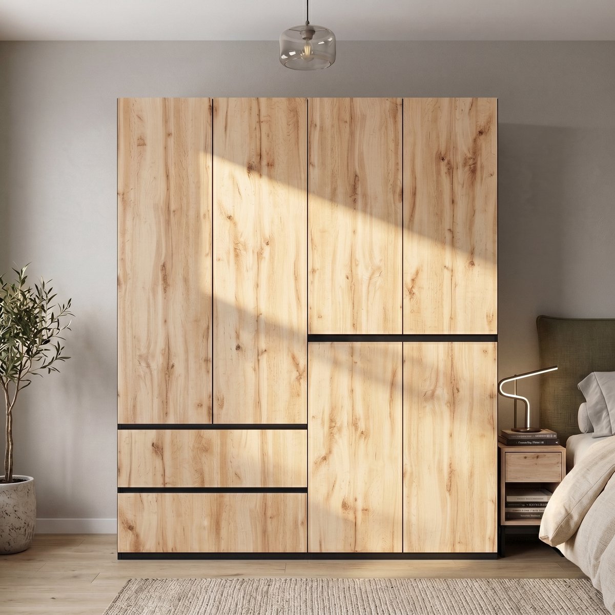 MIVRAY Kledingkast - Zes Deuren Met Twee Kledingroedes En Vijf Lades - Voor Slaapkamer Of Hal - MDF En Spaanplaat - 180x50x200 Cm - Eikenkleur Artisan eiken