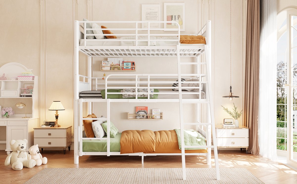 OKWISH Stapelbed 90 x 200 cm - Drie Slaaplagen - Deelbaar Tot Drie Eenpersoonsbedden - Twee Ladders - Metaal - Zonder Matras - Wit