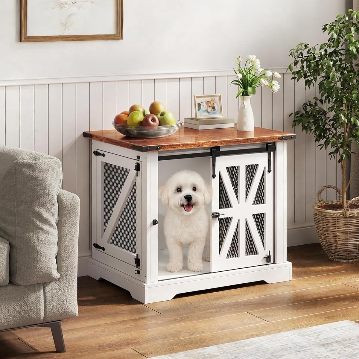 73 cm, hondenbox, driedeurs hondenkooi voor thuis, schuifdeur, modern houten hondenhok, kleine honden en puppy's, versterkt design, 73 x 51 x 60 cm, wit