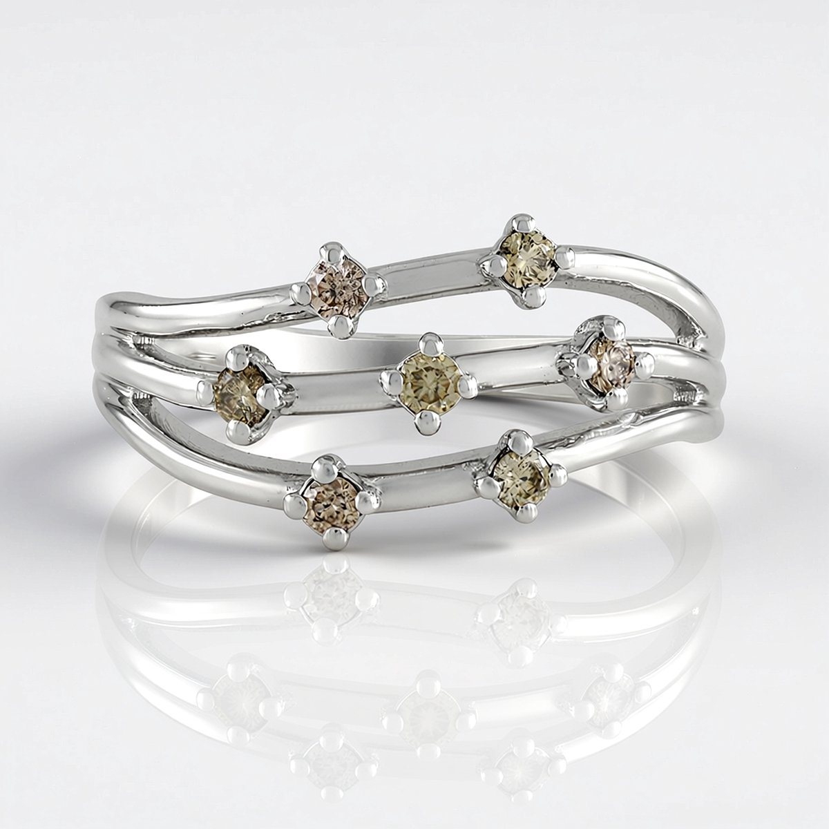 Cavill - Zilveren Ring Verstelbaar - 925 Sterling Zilver - 7 Ronde Bruine Afrikaanse Diamanten 0,185 Ct - Chocolade Diamant - Modern & Subtiel