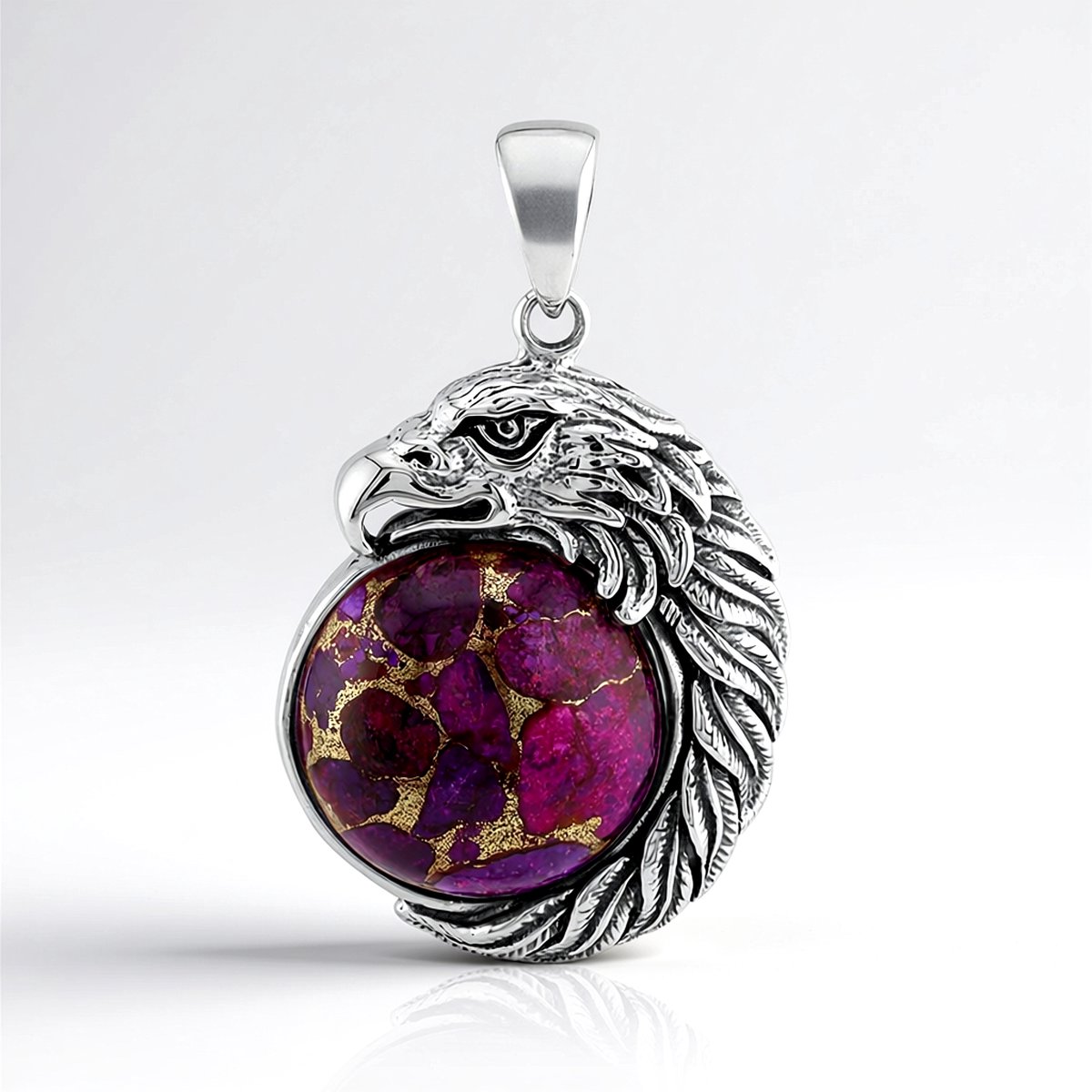 Cavill - Geoxideerde Zilveren Hanger - Paarse Kingman Mohave Turkoois Cabochon 9,567 ct - Rond Adelaarskop Design - Handgemaakt Sieraad