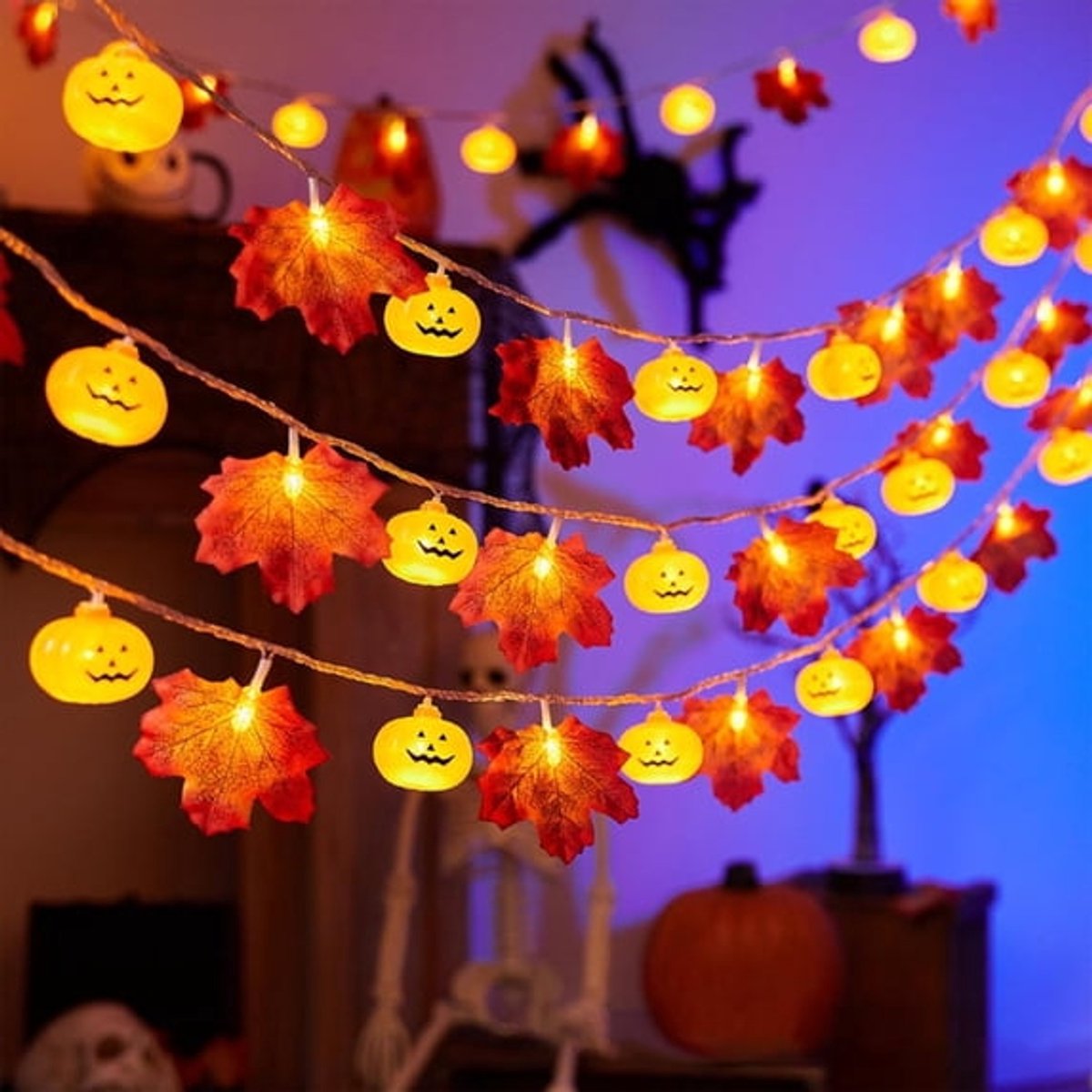 HisKes Herfst Decoratie - 6 M Halloween Decoratie Buiten - Halloween Decoratie - Halloween Verlichting - Decoratie Binnen - Lichtjes Slinger op Batterijen - Lichtjes Slinger - Esdoorn Bladeren Pompoen Slinger met LED - Batterij niet inbegrepen - A
