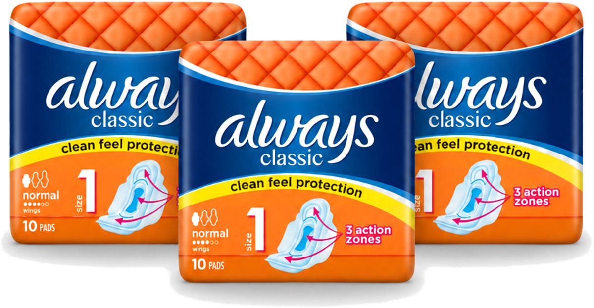3 x Always Classic - Maandverband - Normaal met Vleugels - 10 Maandverbandjes - Voordeelverpakking - 3 stuks