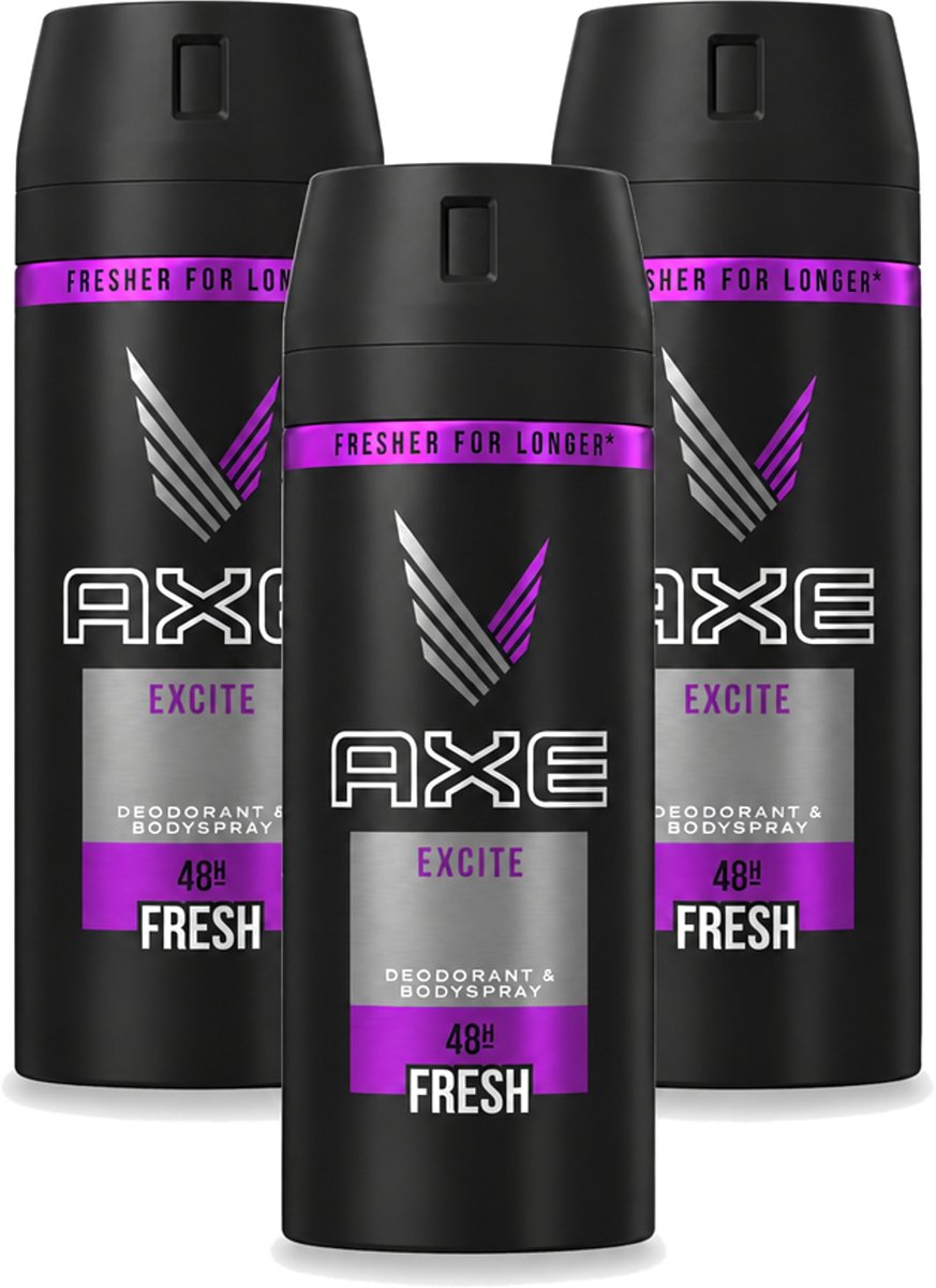 3 x Axe - Deodorant Bodyspray - 48hrs Fresh - Excite - 150 ml - Voordeelverpakking - 3 stuks