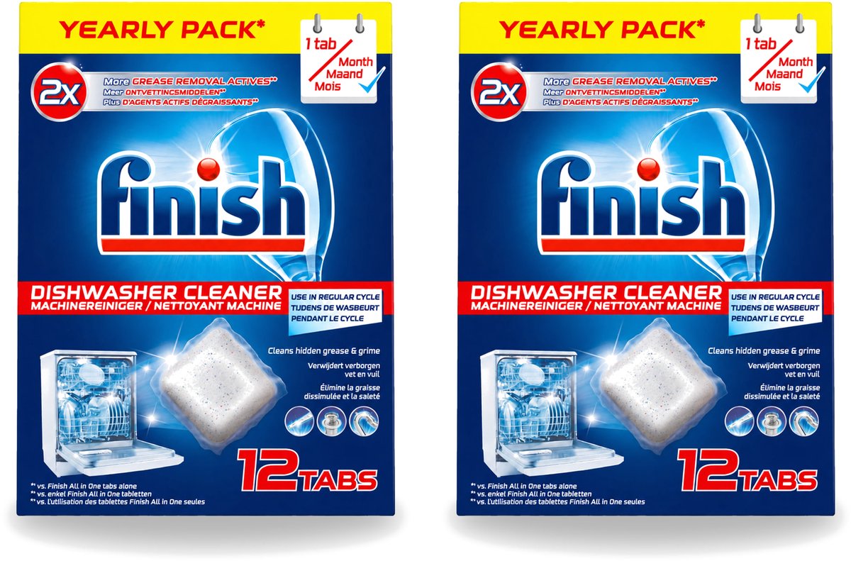 2 x Finish - Vaatwasmachinereiniger - Anti-Vet & Anti-Vuil - 12 Tabletten - Voordeelverpakking - 2 stuks