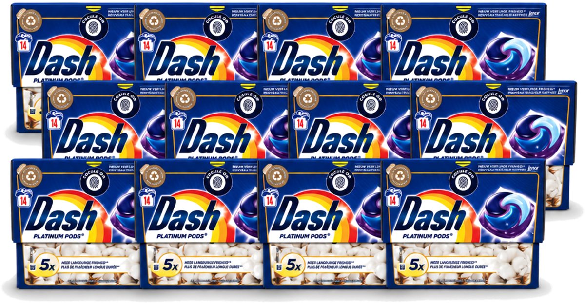 12 x Dash Platinum - Wasmiddel Capsules - Witte en Gekleurde Was - Frisheid van Katoen - 14 Wasbeurten - Voordeelverpakking - 12 stuks