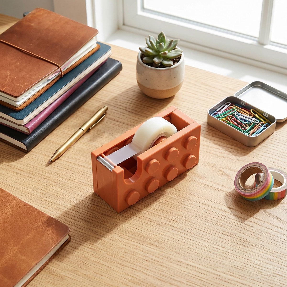 Mini Bouwsteen Desktop Tape Dispenser, Oranje, Compact Ontwerp met Scherp Mes, voor Kantoor, School en Thuis - ShopVlot
