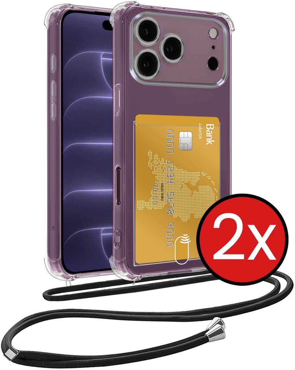 Hoesje Geschikt voor iPhone 18 Pro Hoesje Met Telefoonkoord en Pasjeshouder Siliconen - Hoes Geschikt voor iPhone 18 Pro Hoesje Met Kaarthouder Shock Proof Case - Transparant - 2 PACK