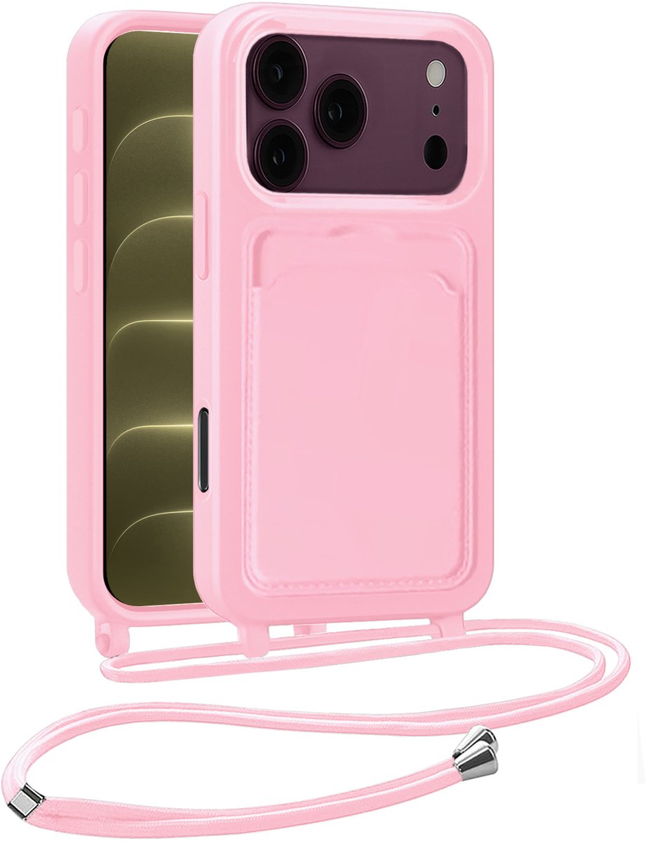 Hoesje Geschikt voor iPhone 18 Pro Hoesje Met Koord Siliconen Case - Hoes Geschikt voor iPhone 18 Pro Backcover Met Afneembaar Koord - Lichtroze