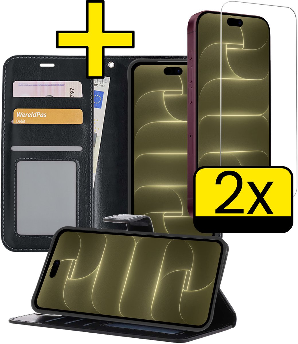 Hoesje - Met 2x Screenprotector - Geschikt voor Apple iPhone 18 Pro Max - Luxe Pasjeshouder - Bookcase Portemonee - Flip Case - Kunstleer Book Case - Flipcase Hoes - Book Cover - Walletcase - Portemonneehoes - Telefoonhoesjes - Zwart