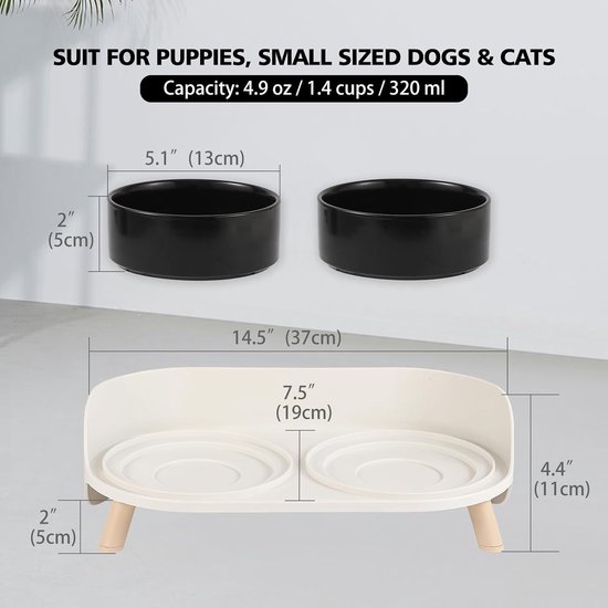 Verhoogde keramische kattenvoederbak met antislipstand en spatbescherming, set voor katten en kleine honden, 2 x 480 ml, ideaal voor comfortabel eten en drinken — afbeelding 2