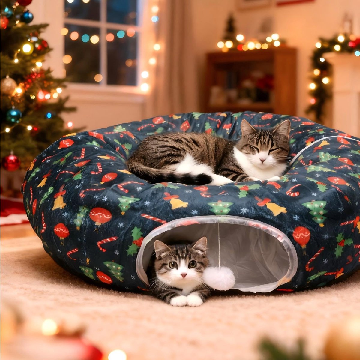 Kattentunnel kerstboomrok - schattig kitten speeltunnelbed met wasbaar kussen, inklapbaar, kattendonuttunnelspeelgoed - ShopVlot