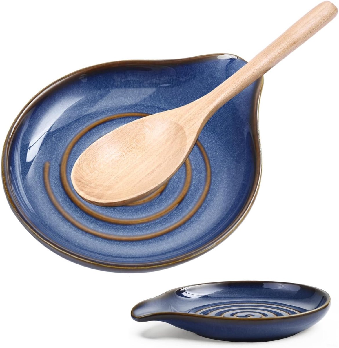 Ceramische lepelhouder met spiraalpatroon in blauw voor kookplaat, aanrecht en tafelgebruik