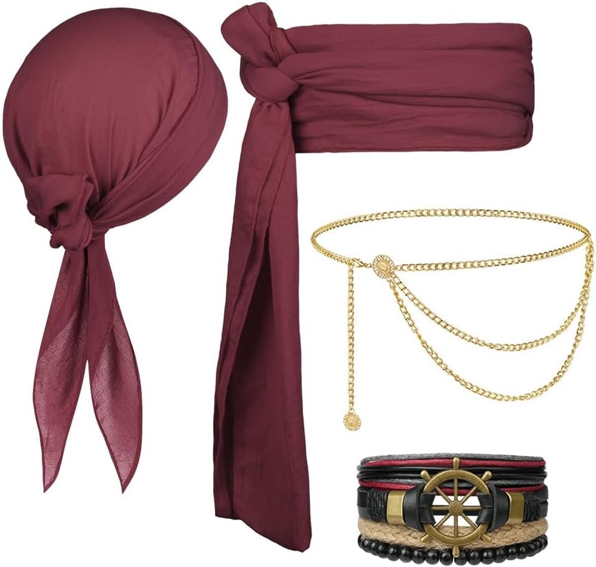 Piratenkostuum Accessoireset met Bandana, Sjerp, Ooglapje en Ankerhanger voor Halloween en Verkleedfeesten