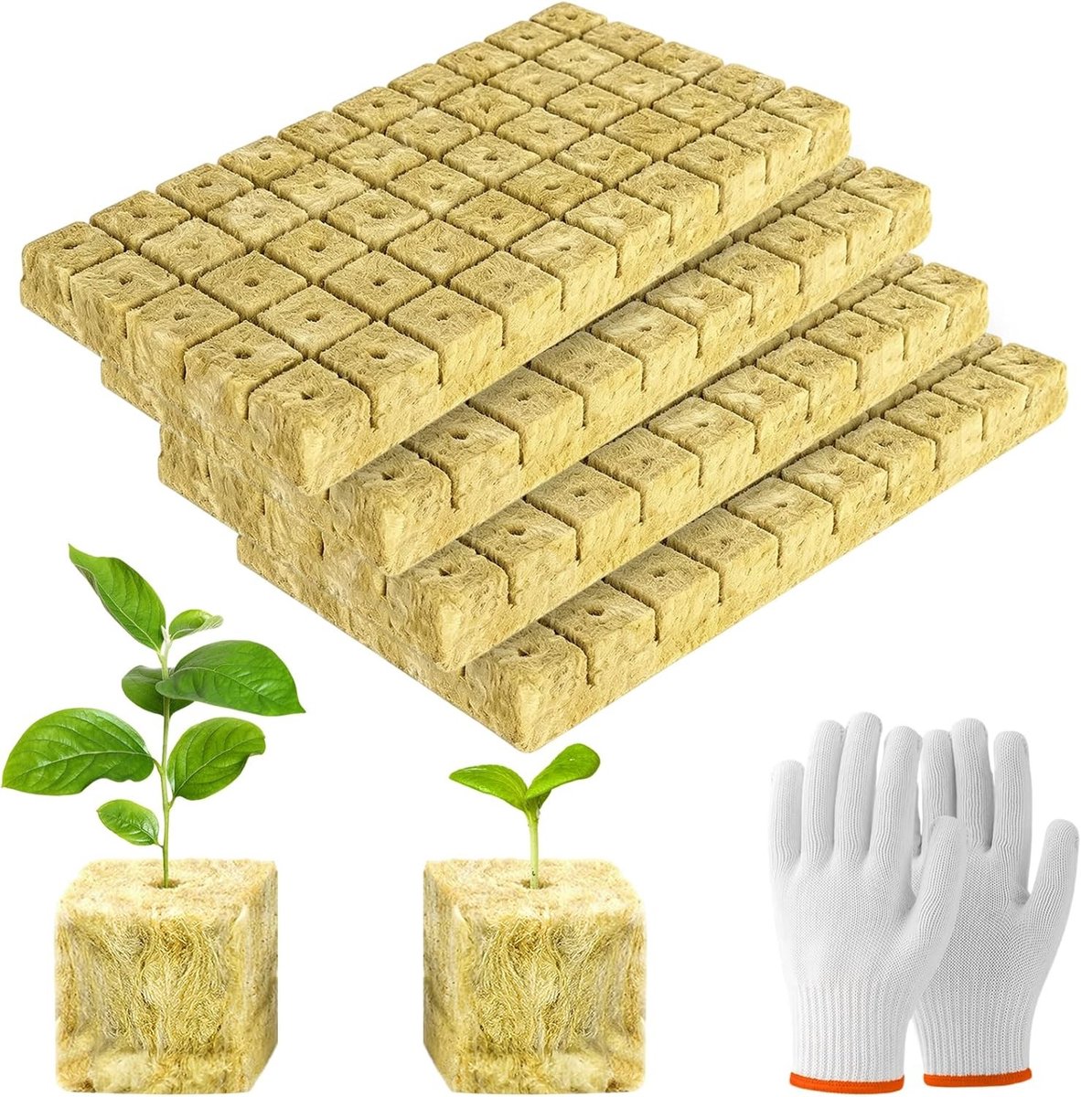 200 Stuks Hydroponische Groeiblokken van Steenwol met Handschoenen, Ideaal voor Planten en Tuinieren
