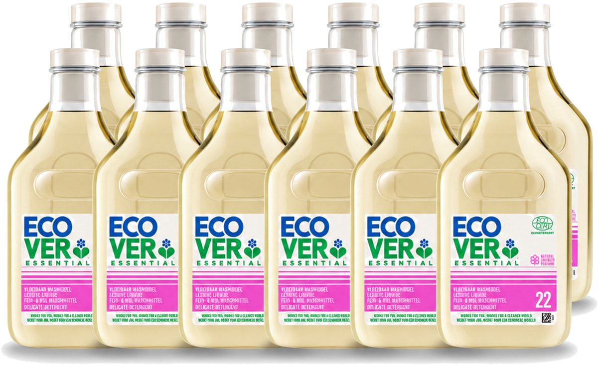 12 x Ecover - Vloeibaar wasmiddel Essential - Wol & Fijnwas - 1 liter - 22 wasbeurten - Voordeelverpakking - 12 stuks