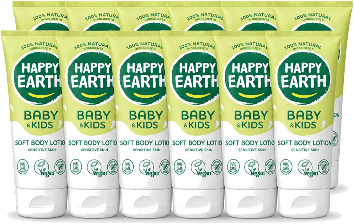12 x Happy Earth – Bodylotion – 100% Natuurlijk Baby & Kids – 200 ml - Voordeelverpakking - 12 stuks