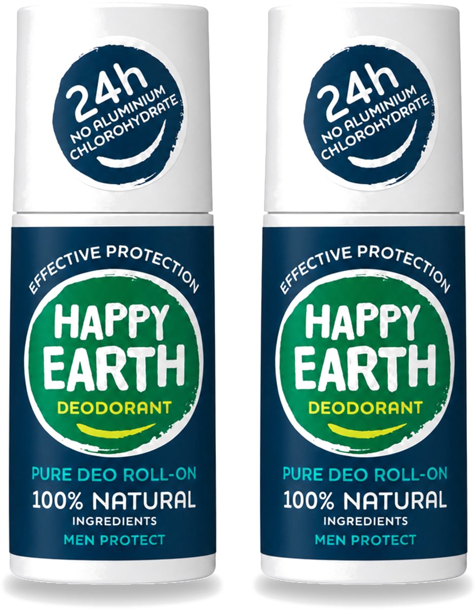 2 x Happy Earth – Deodorant Roll-On – 100% Natuurlijk Men Protect – 75 ml - Voordeelverpakking - 2 stuks