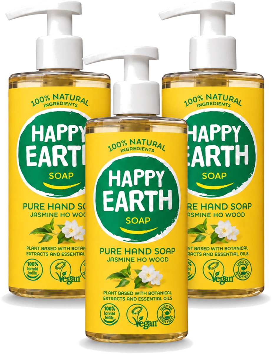 3 x Happy Earth – Handzeep – 100% Natuurlijk Jasmine Ho Wood – 300 ml - Voordeelverpakking - 3 stuks