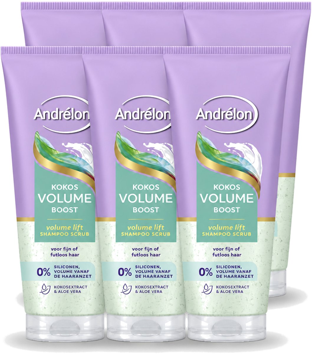 6 x Andrélon – Shampoo Scrub – Kokos Volume Boost – 200 ml - Voordeelverpakking - 6 stuks