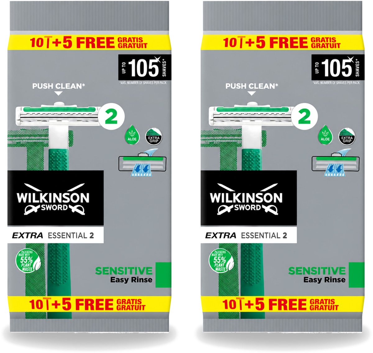 2 x Wilkinson - Wegwerpscheermesjes - Extra Essential 2 Sensitive - Zacht - 15 mesjes - Voordeelverpakking - 2 stuks