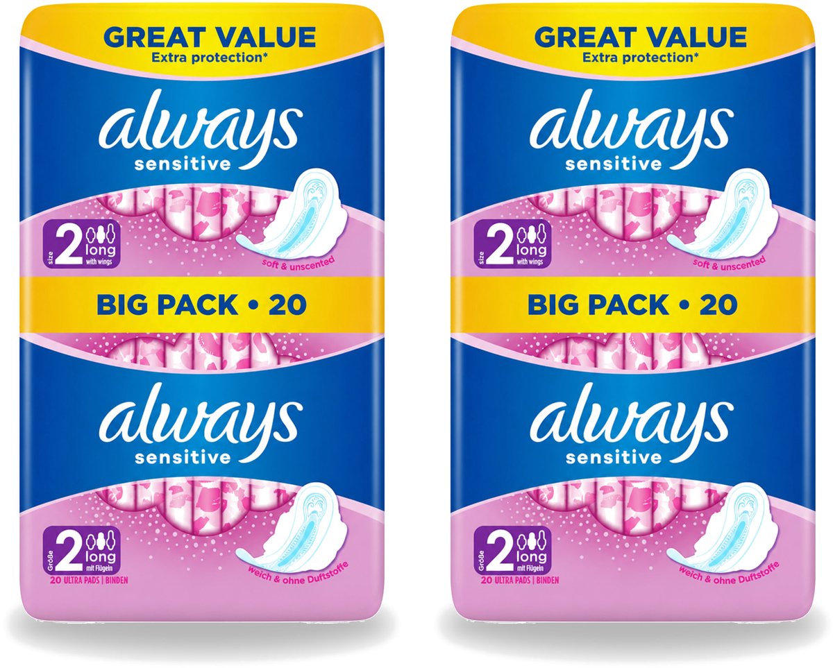 2 x Always - Maandverband - Long - Sensitive - 20 Maandverband - Voordeelverpakking - 2 stuks