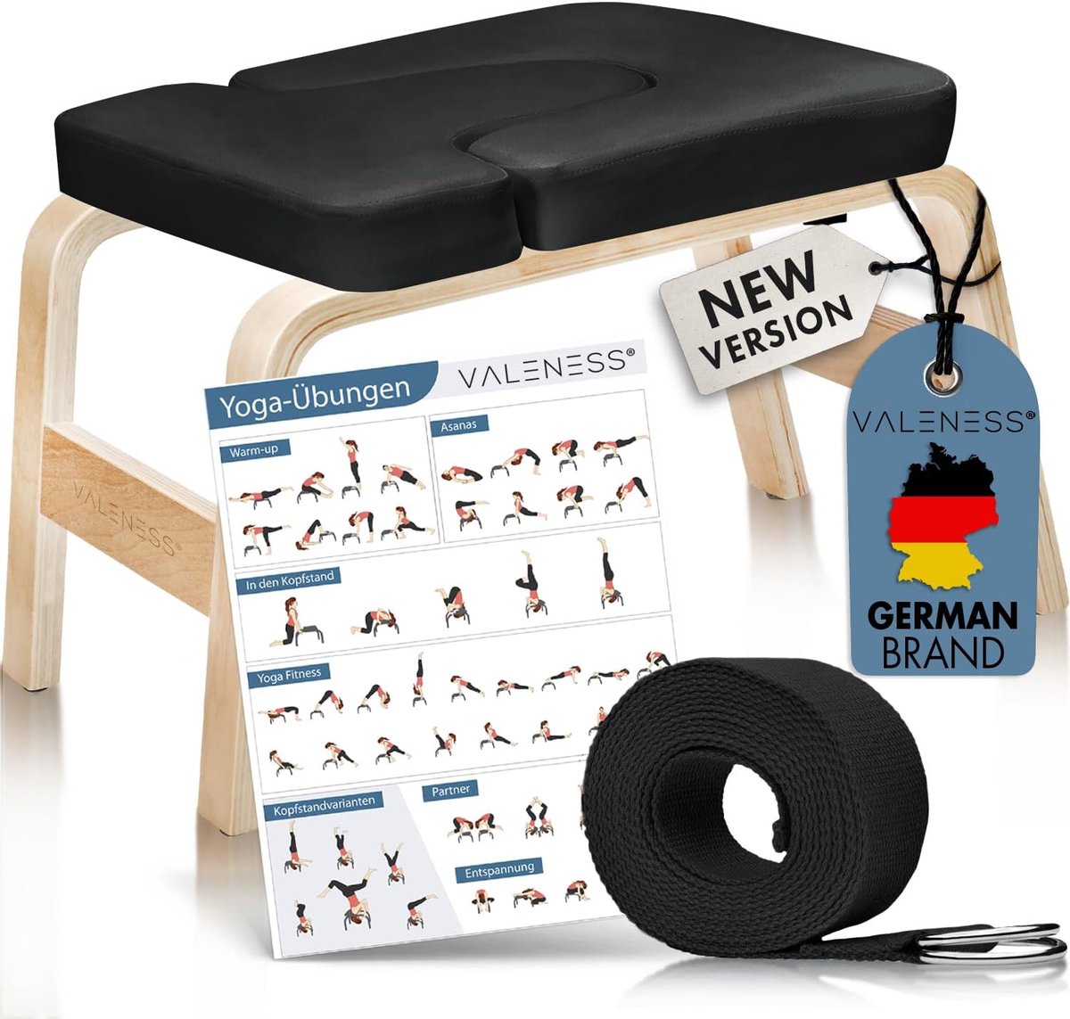 SnelShoppen - VALENESS Yoga Hoofdstand Stoel - Hoogwaardige Yoga Stoel met Yoga Band, Yoga Blok & Oefenposter - Yoga Stoel voor Handstand Oefening van