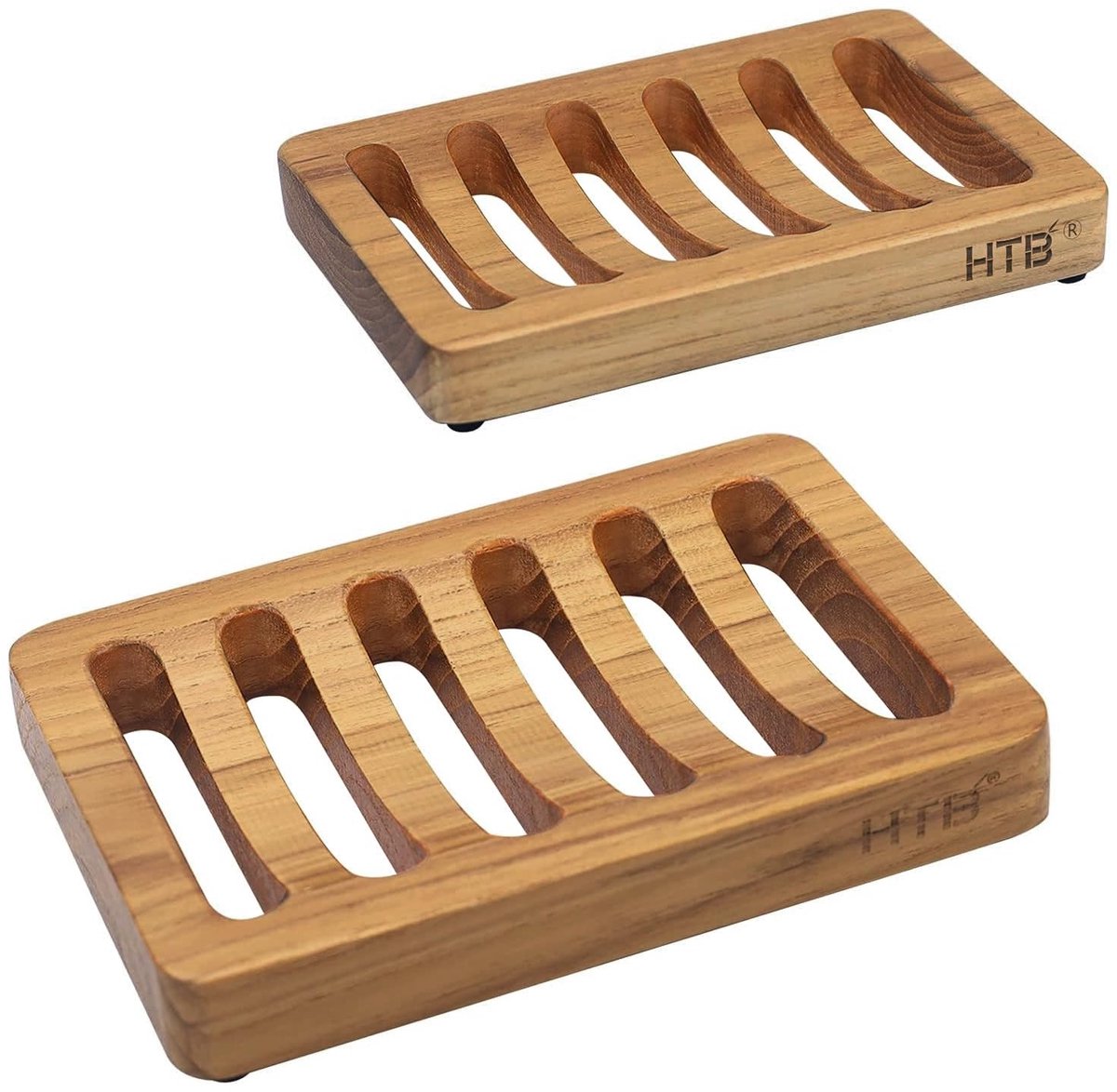 Zeephouders 2 stuks - teak hout - gesleuven design - zelfafvoerende zeepbak voor keuken en badkamer - ShopVlot