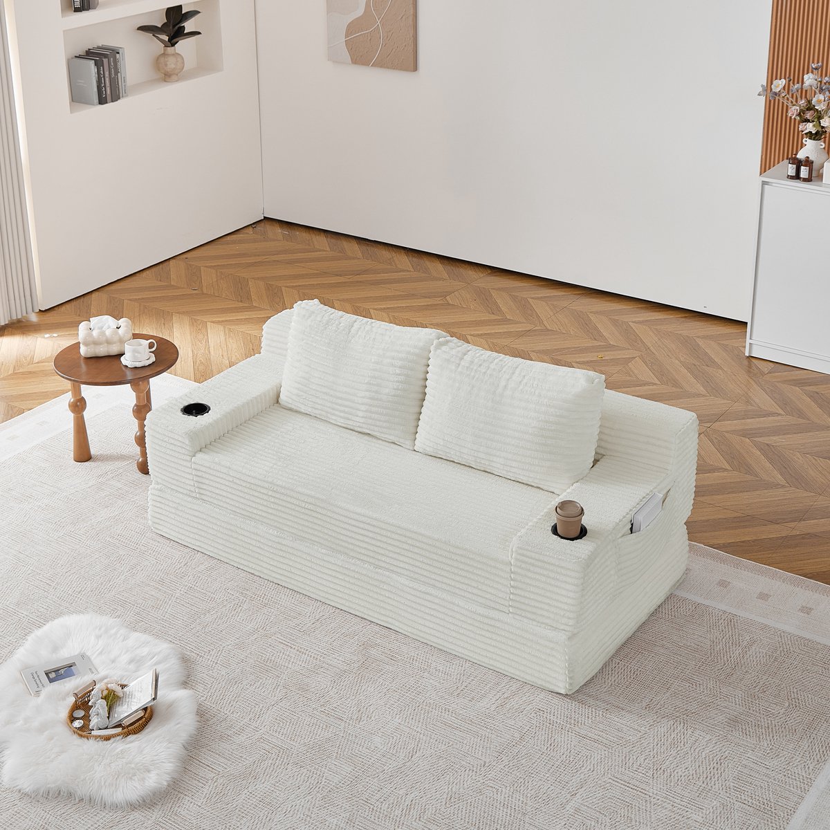 OKWISH Slaapbank 180 Cm - Twee-In-Een Klapbed Met Bekerhouders En Opbergtassen - Voor Woonkamer En Slaapkamer - Ribfluweel - Beige