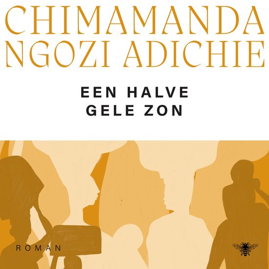 Boek "Een halve gele zon" door Chimamanda Ngozi Adichie. Cover met silhouetten van hoofden in gele en oranje tinten.