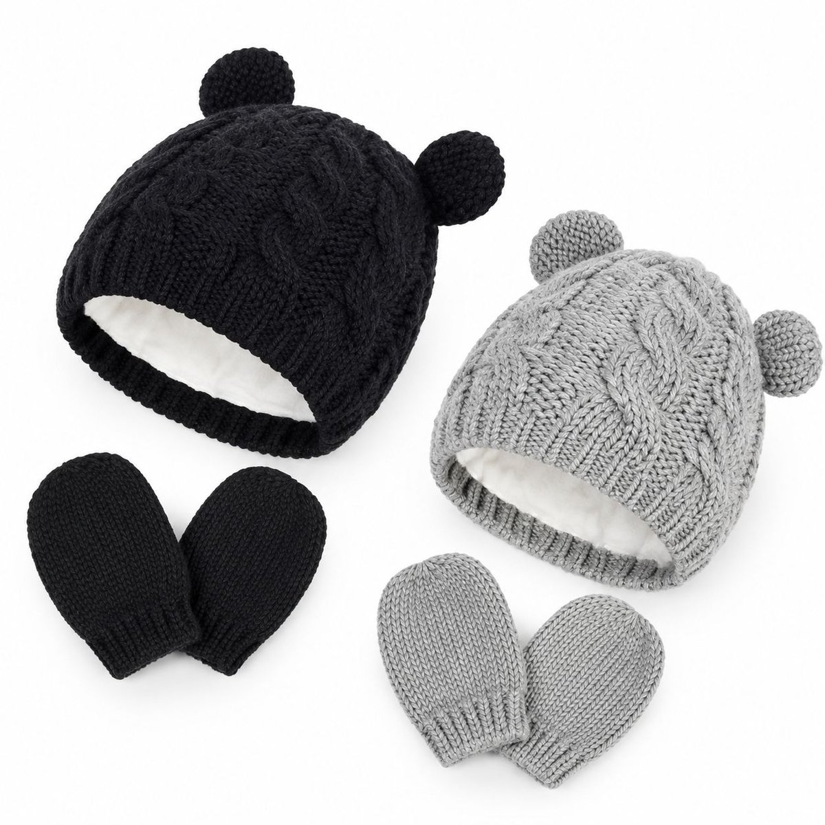 VHV - Kinderen wintermuts - 2 stuks - Baby beren mutsjes - Winter gebreide mutsen - Jongens meisjes peutermuts - 2 t/m 5 jaar - Unisex