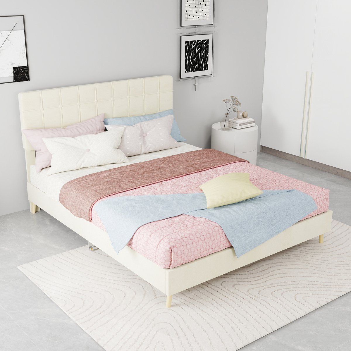 WUVRIE Tweepersoonsbed 140x200 cm met gestoffeerd hoofdbord en lattenbodem, beige