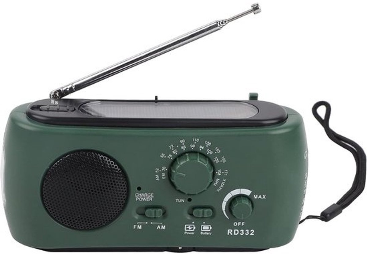 Draagbare noodradio met handslinger, zonnepaneel, AM/FM en LED-zaklamp - opladen telefoon onderweg