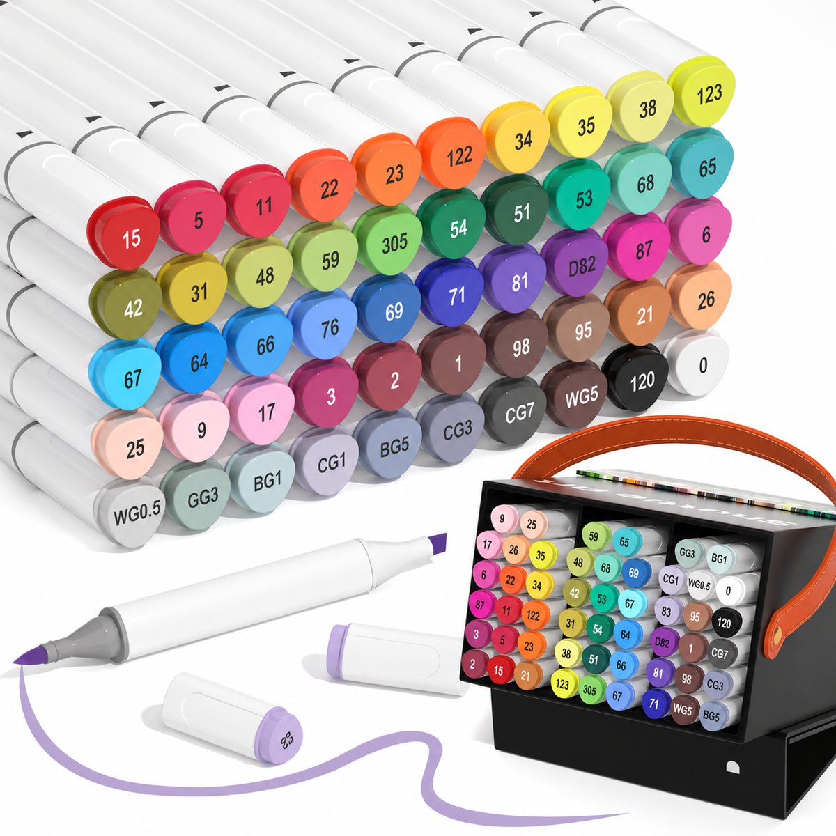 Alcoholstiften 51-Delige Set – 50 Kleuren + Blender – Dubbele Punt met Brush & Beitelpunt – Inclusief Etui