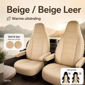 Warme beige stoelhoezen in stof of leer voor campers, inclusief waarschuwing voor niet-geschikte modellen.