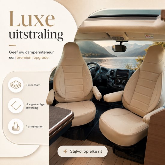 Luxe beige stoelhoezen met 8 mm schuim, hoogwaardige afwerking en 4 armsteunen voor een premium uitstraling.